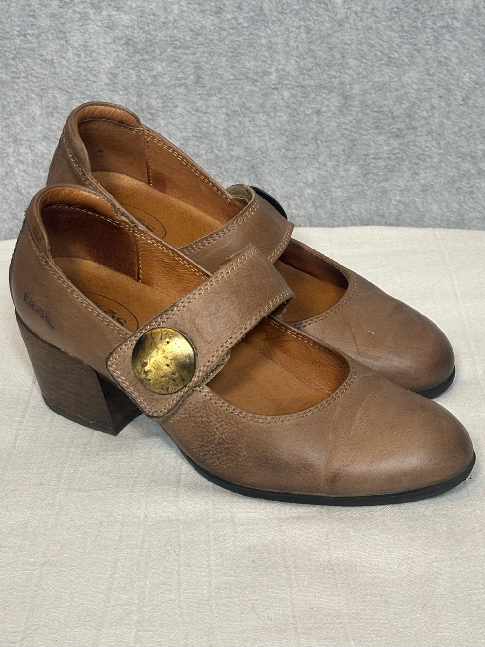 Taos Stage Mary Jane Leather Block Heels-Taupe-Women Size 38/US 7-7.5